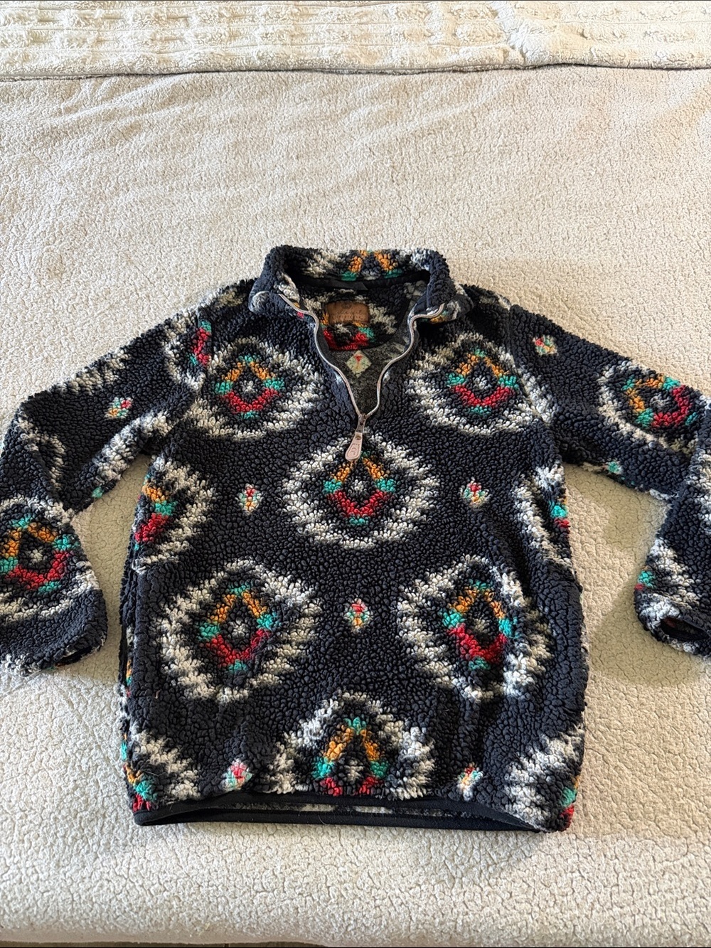 Girlie Girl Cozy Black Sherpa Pullover with Multicolor Aztec Pattern XS